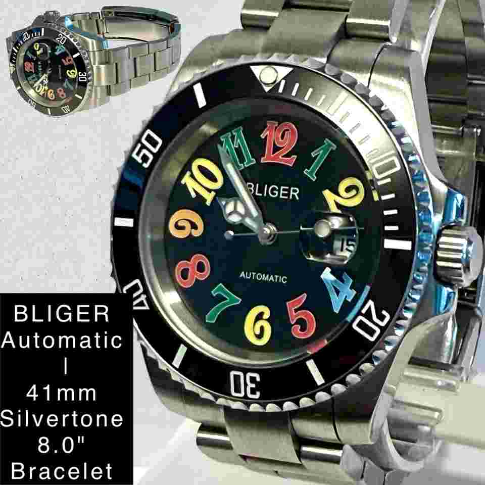 47mm Auto Black Multi-color Hours  | Silvertone 8.0" Bracelet BLIGER Mens Watch