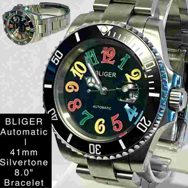 47mm Auto Black Multi-color Hours  | Silvertone 8.0" Bracelet BLIGER Mens Watch