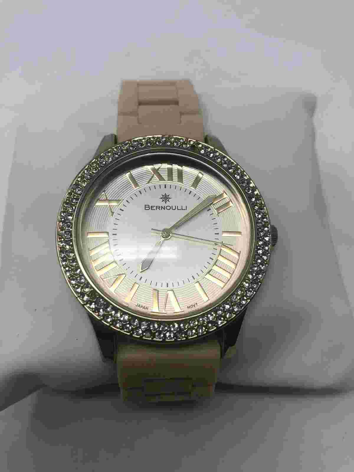 Bernoulli 9799 Womens Lyssa Gold Dial Tan Silicone Watch Works, Needs Battery