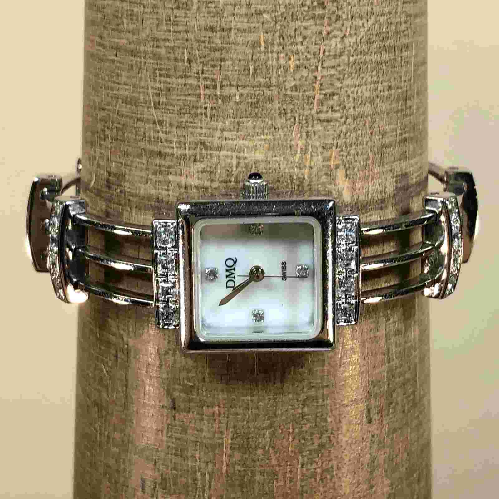 DMQ Watch Women Silver Tone Square Crystals Bling MOP Bling Dress Watch