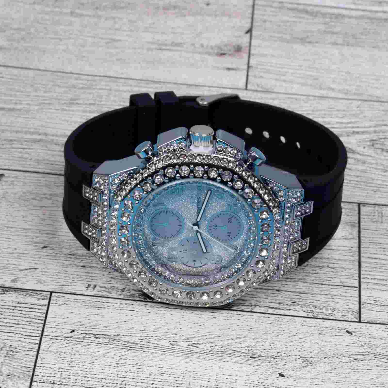 Montres Carlo Men's Hip Hop Rapper Luxury Stones Dress Wrist Watch Silver Finish