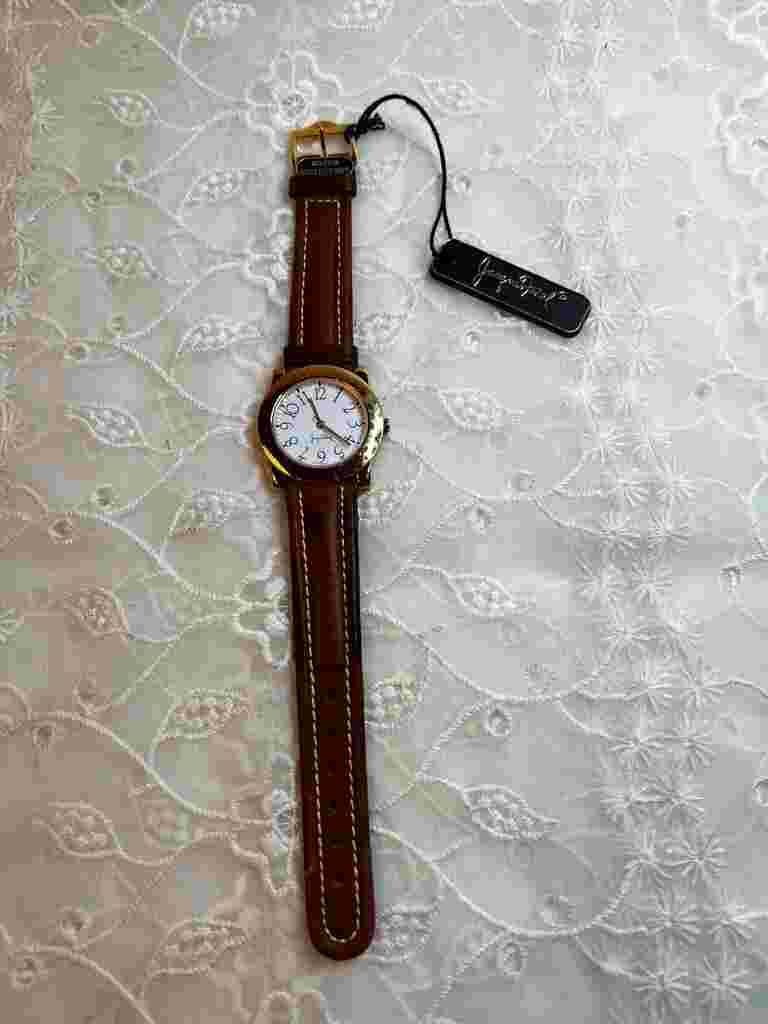 Vintage Jacques Farel Gold Toned Case White Dial Leather Band DD