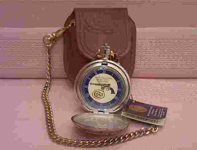 Working Franklin Mint Colt Army Peacemaker 24k Gold Accent Pocket Watch MFG 1993