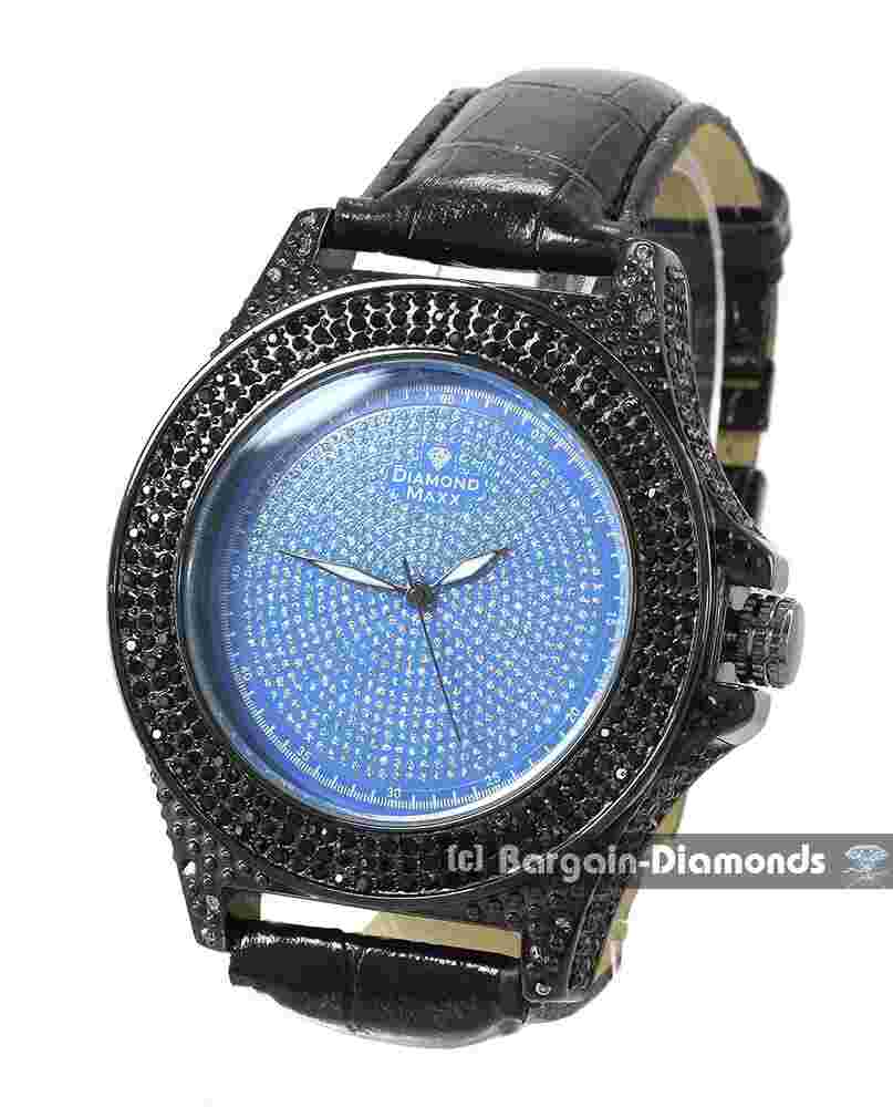 Mens Black CZ Ice Out Clubbing Watch Blue Bling Dial Leather Strap for 8"-10"