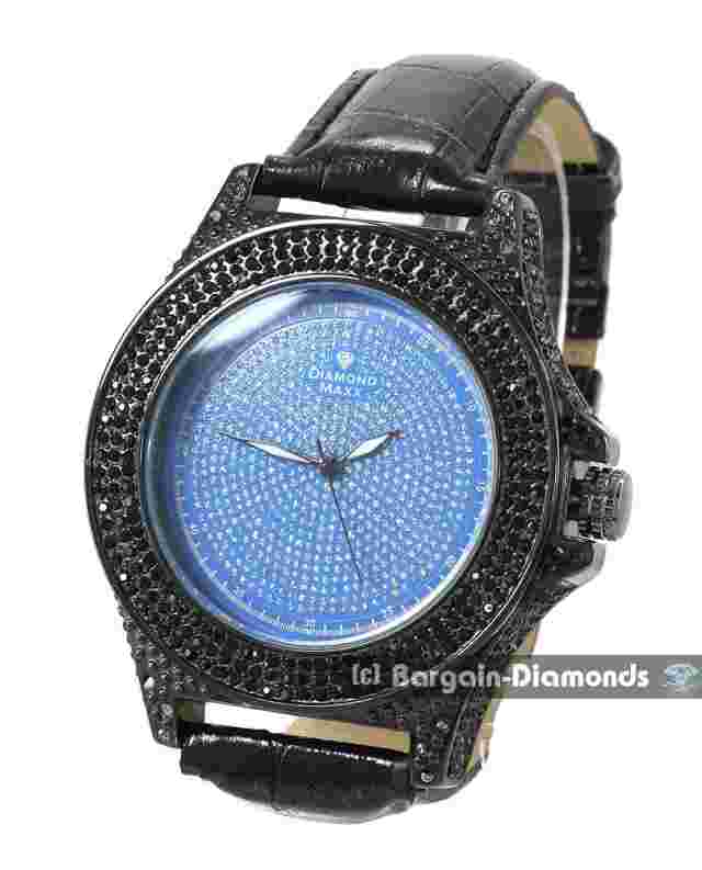 Mens Black CZ Ice Out Clubbing Watch Blue Bling Dial Leather Strap for 8"-10"