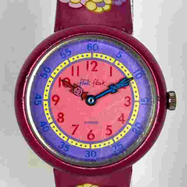 Vtg Flik Flak Swatch Watch Kids Youth Pink Purple Flowers New Battery 7.5" 1988