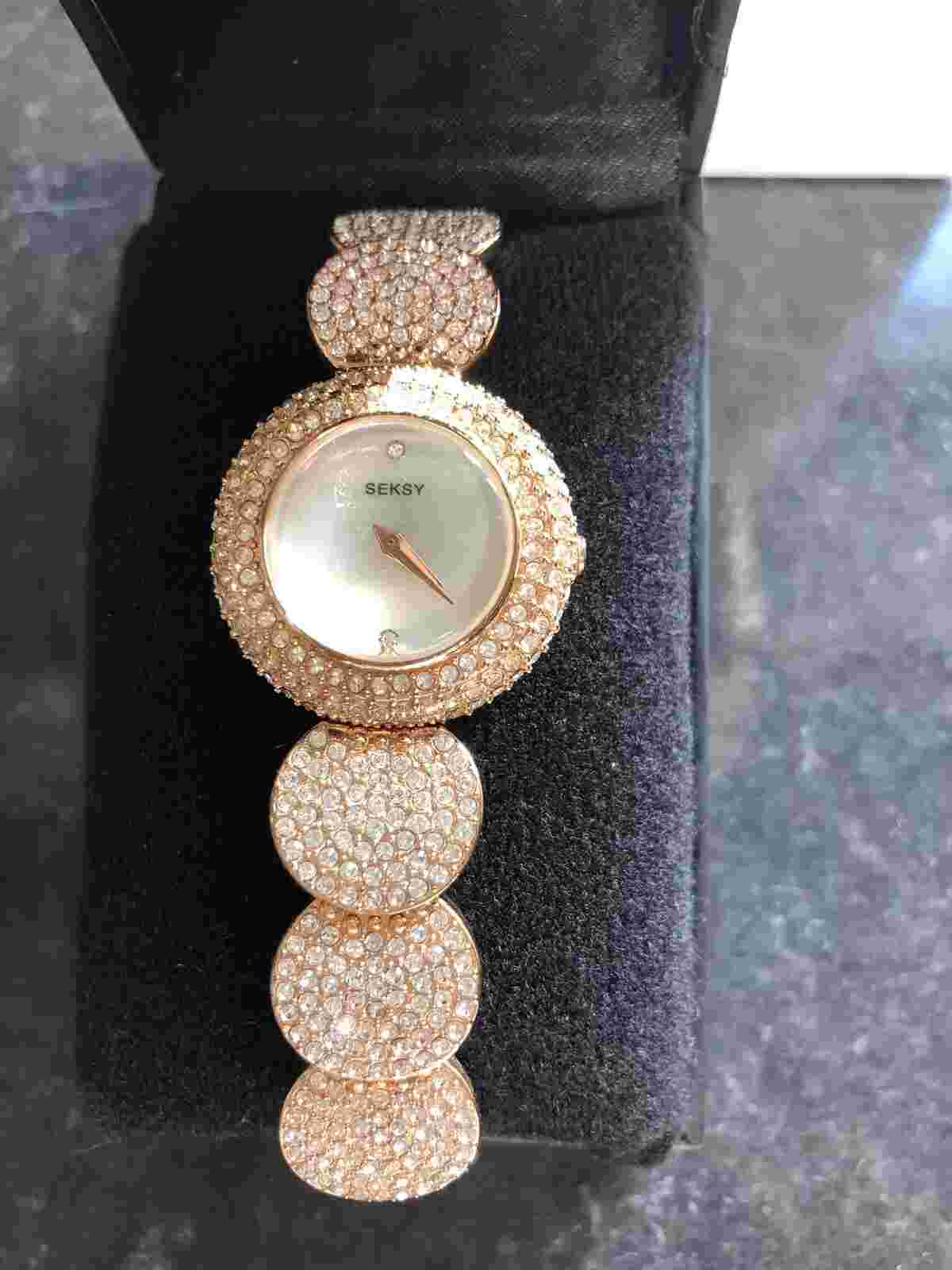 Seksey Rose Gold Diamante Ladies Watch Used In Original Box/ Case
