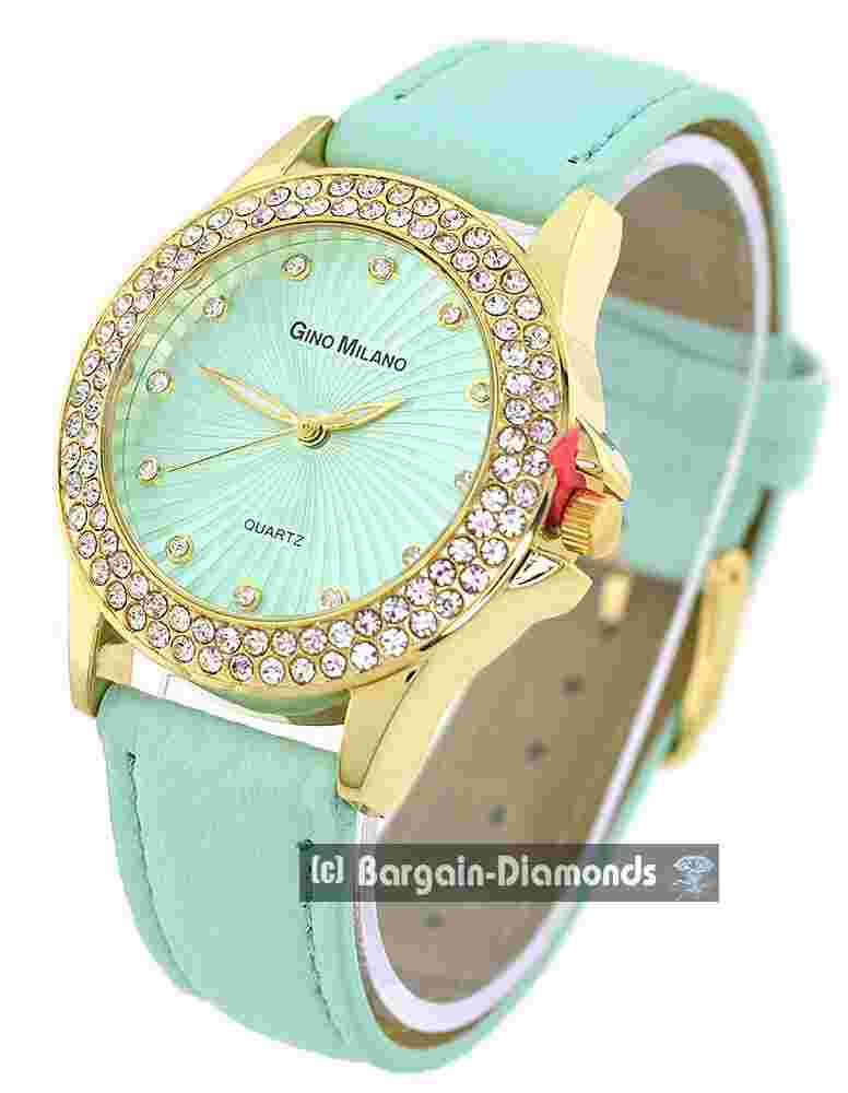 Ladies Aqua-Gold tone-CZ Clubbing Watch Aqua-CZ Dial Aqua Strap 7"-8.5" Wrist