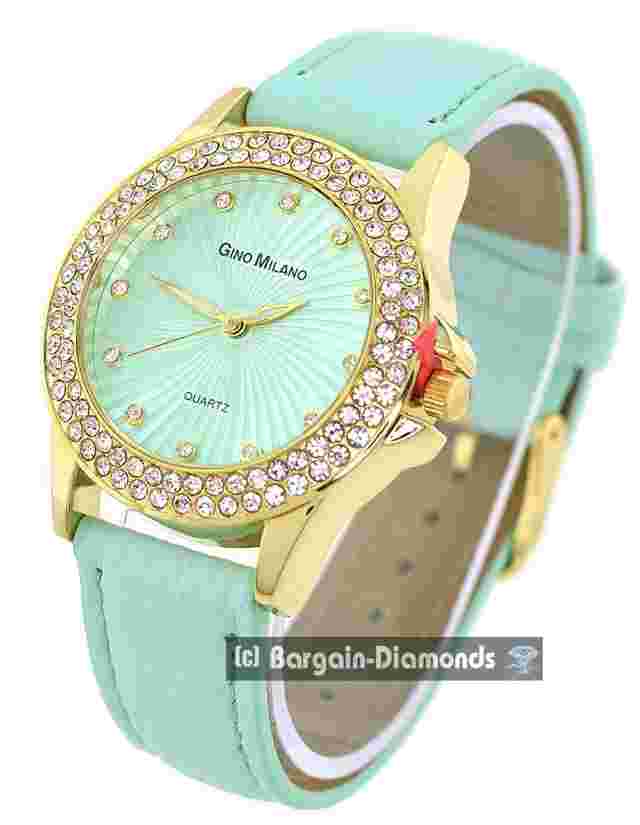 Ladies Aqua-Gold tone-CZ Clubbing Watch Aqua-CZ Dial Aqua Strap 7"-8.5" Wrist