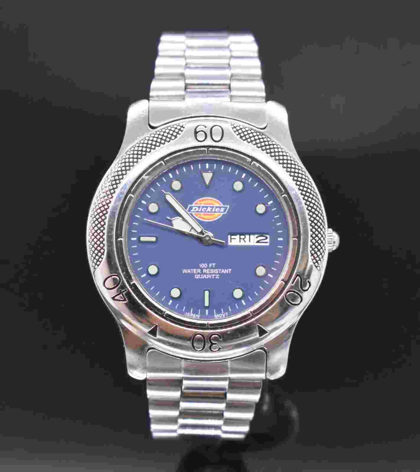 Vtg DICKIES Day Date Watch Men 30m Blue Dial Stainless NEW BATTERY
