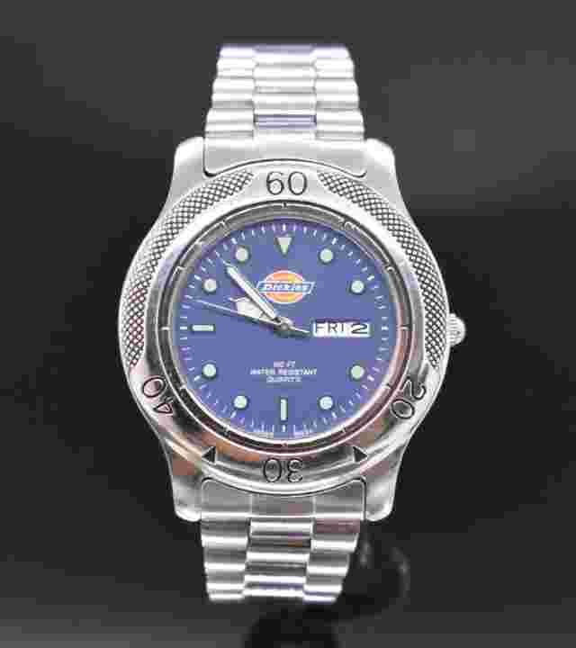 Vtg DICKIES Day Date Watch Men 30m Blue Dial Stainless NEW BATTERY