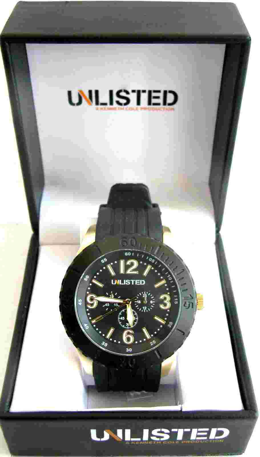 NEW-UNLISTED KENNETH COLE BLACK RUBBER BAND+GOLD MULTI-FUNCTION WATCH UL1193+BOX
