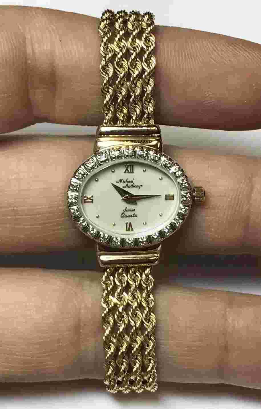 MICHAEL ANTHONY SOLID 14K YELLOW GOLD MOTHER OF PEARL DIAMOND LADIES ROPE WATCH