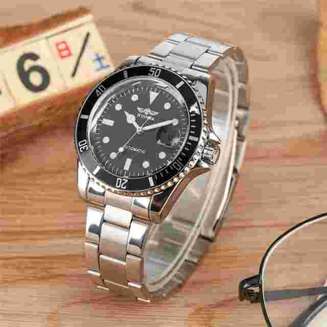 WINNER Men's Watch Date Display Stainless Steel Automatic Wristwatch Black Dial