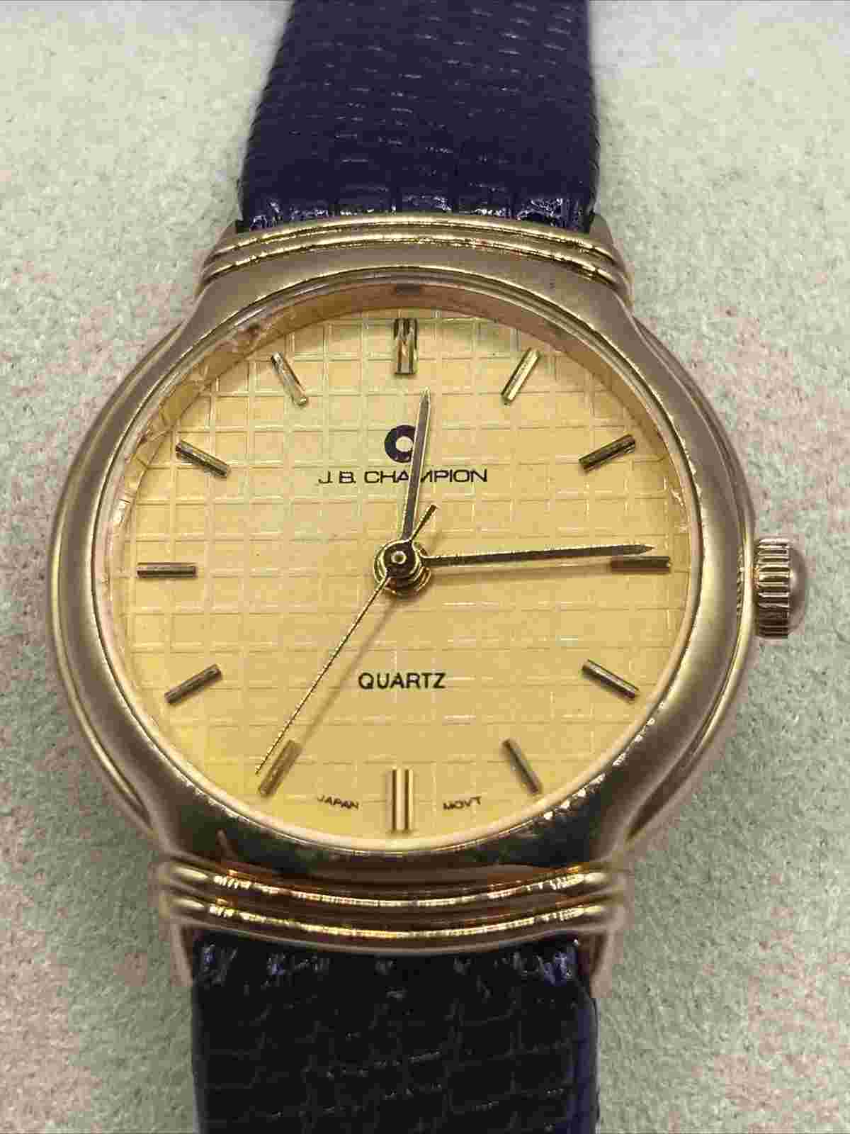 JB Champion NY Ladies 24mm Watch Gold Tome Black Leather Band - RUNs