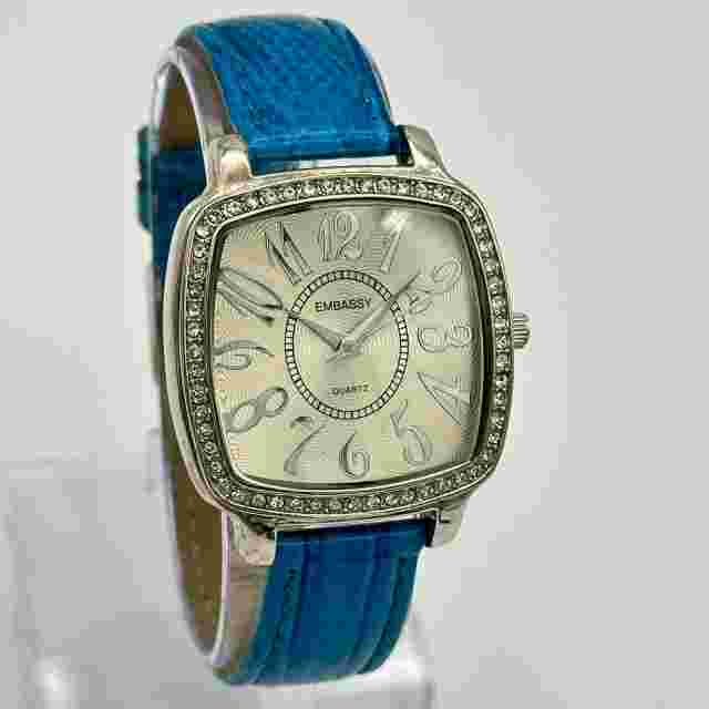 Ladies EMBASSY By Gruen Silver Tone, Blue Leather, Crystal Accent Watch, EM3312