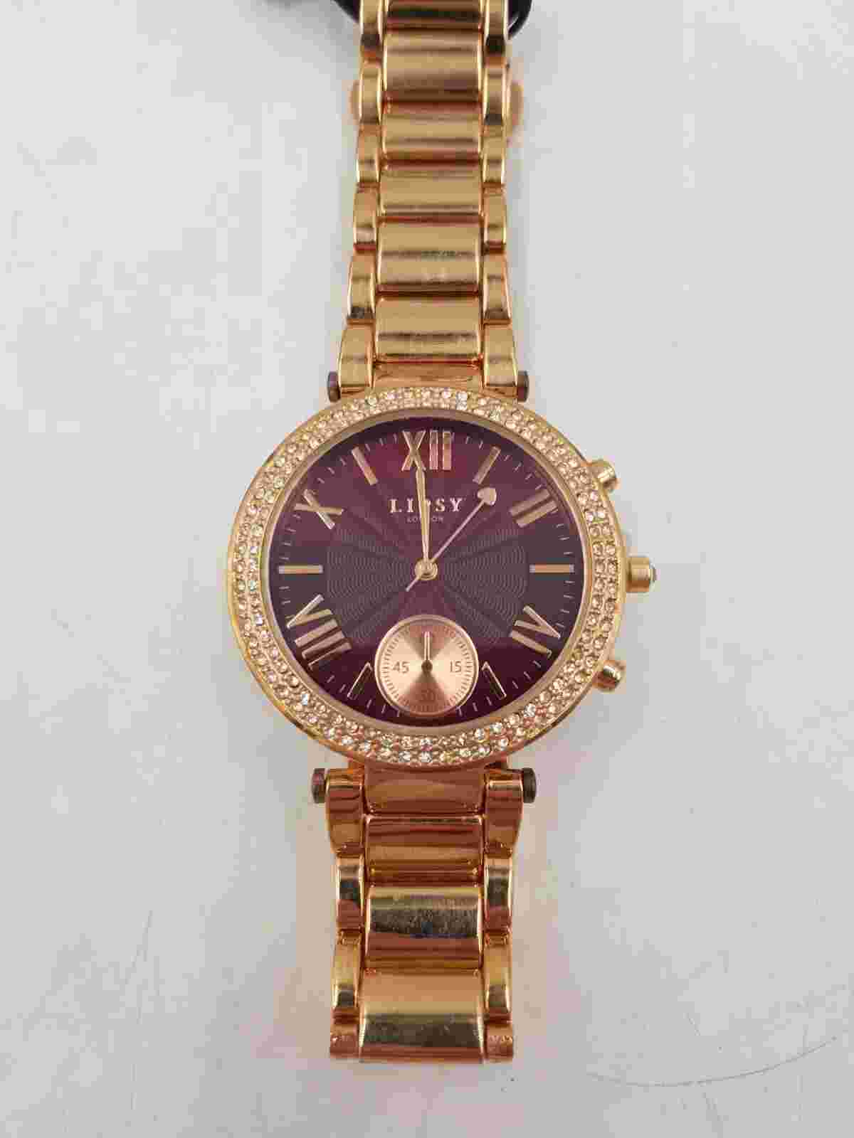 Lipsy London Quartz Analogue Watch Rose Gold Diamante Bezel Red Dial