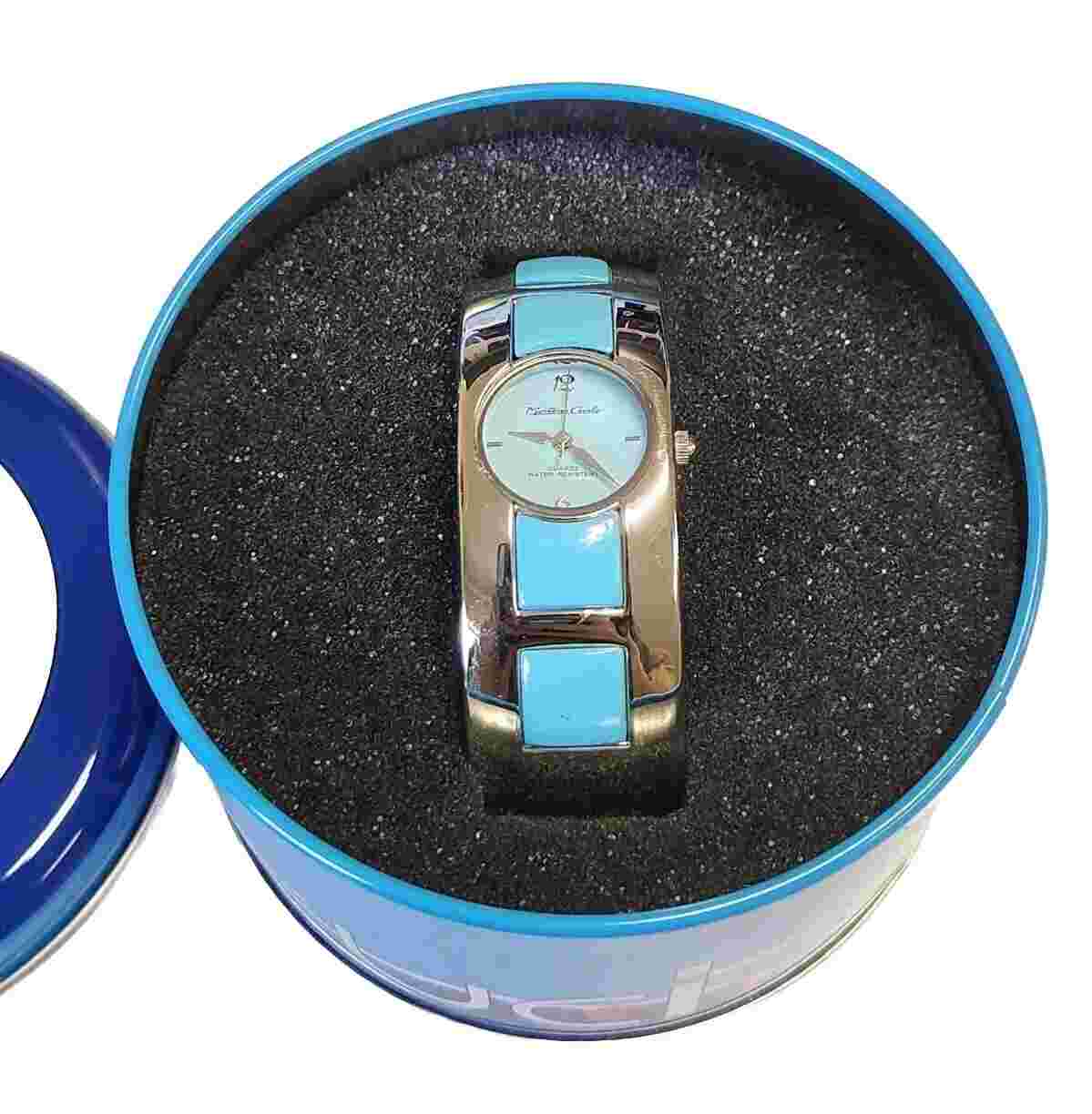 Montres Carlo Nickel Free Silver Tone Aqua Enamel Inlay Hinge Band Watch;...