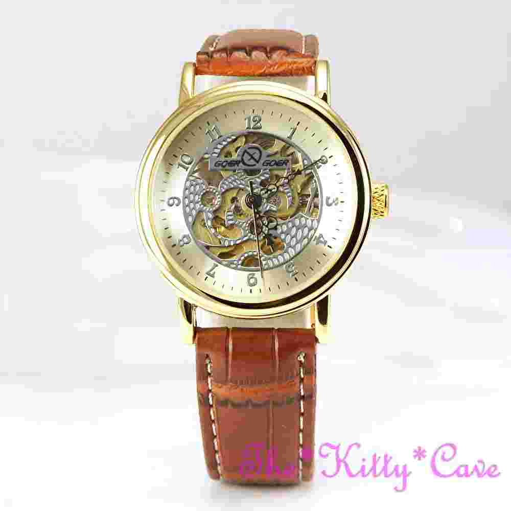 Traditional Gold Mechanical Wind-up Hollow Skeleton Steampunk Tan Leather Watch