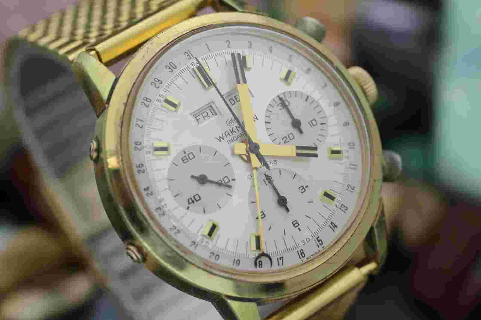 Vintage WAKMANN GINGADET Triple Date Chronograph Valjoux 72C Gold Plated Watch