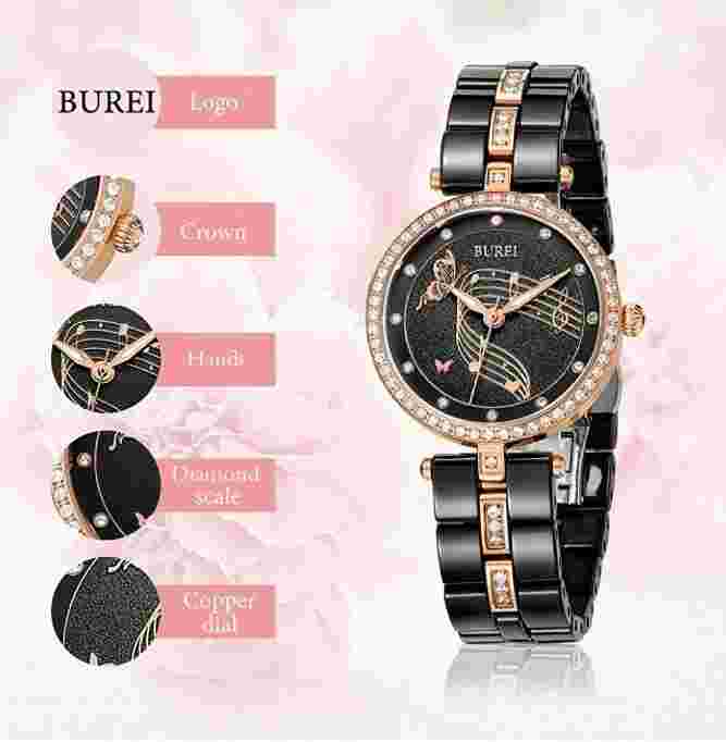 BUREI Women's Elegant Analog Quartz Watches Diamond Bezel with Ceramic Bracelet