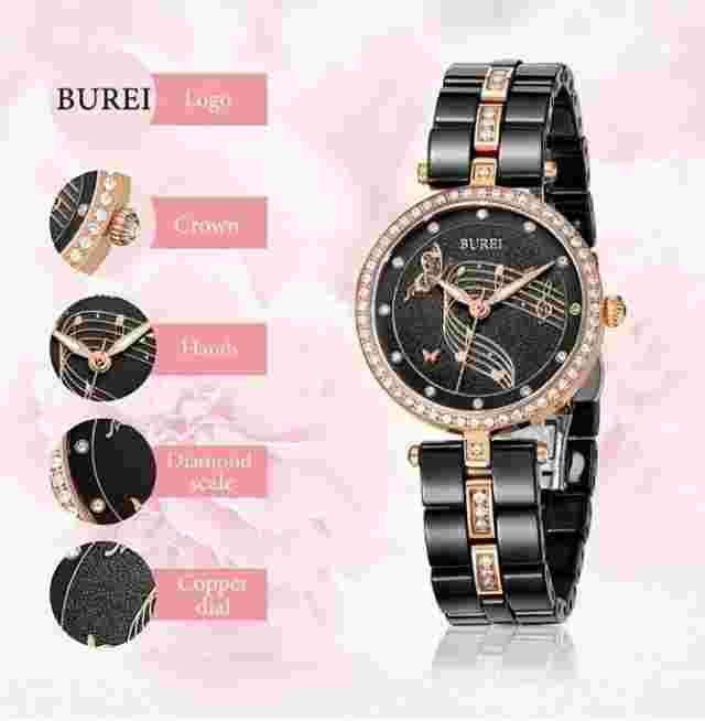 BUREI Women's Elegant Analog Quartz Watches Diamond Bezel with Ceramic Bracelet