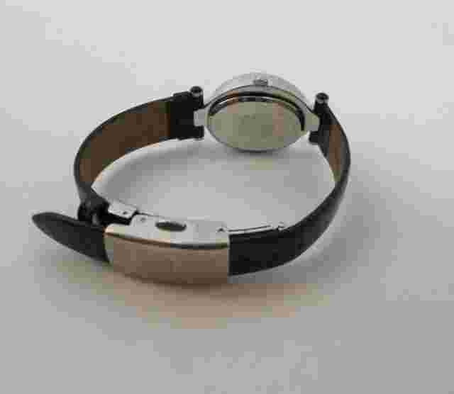 Paolo Gucci Women's Rhinestone Accented Silvertone Black Leather Band Watch