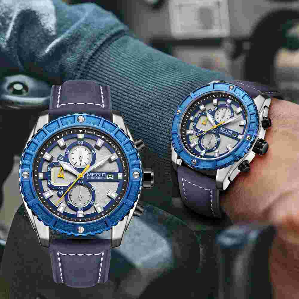 MEGIR Men's Sports Quartz Watches Chronograph Waterproof Leather Wristwatches