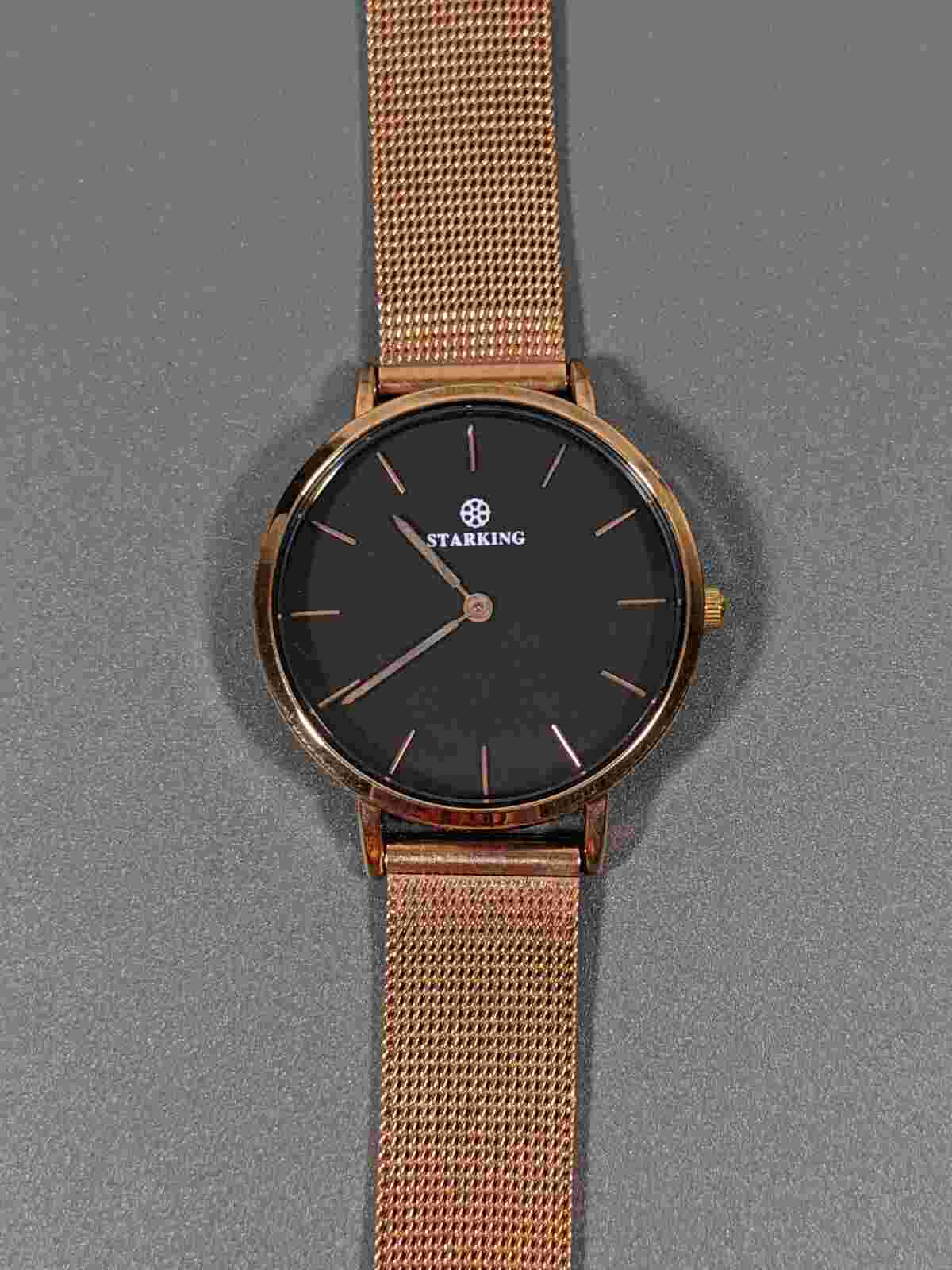 Womens Black Round Dial Copper Rose Gold Tone Mesh Band Watch Starking