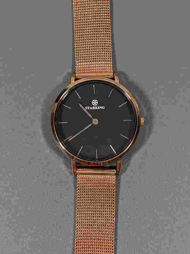 Womens Black Round Dial Copper Rose Gold Tone Mesh Band Watch Starking