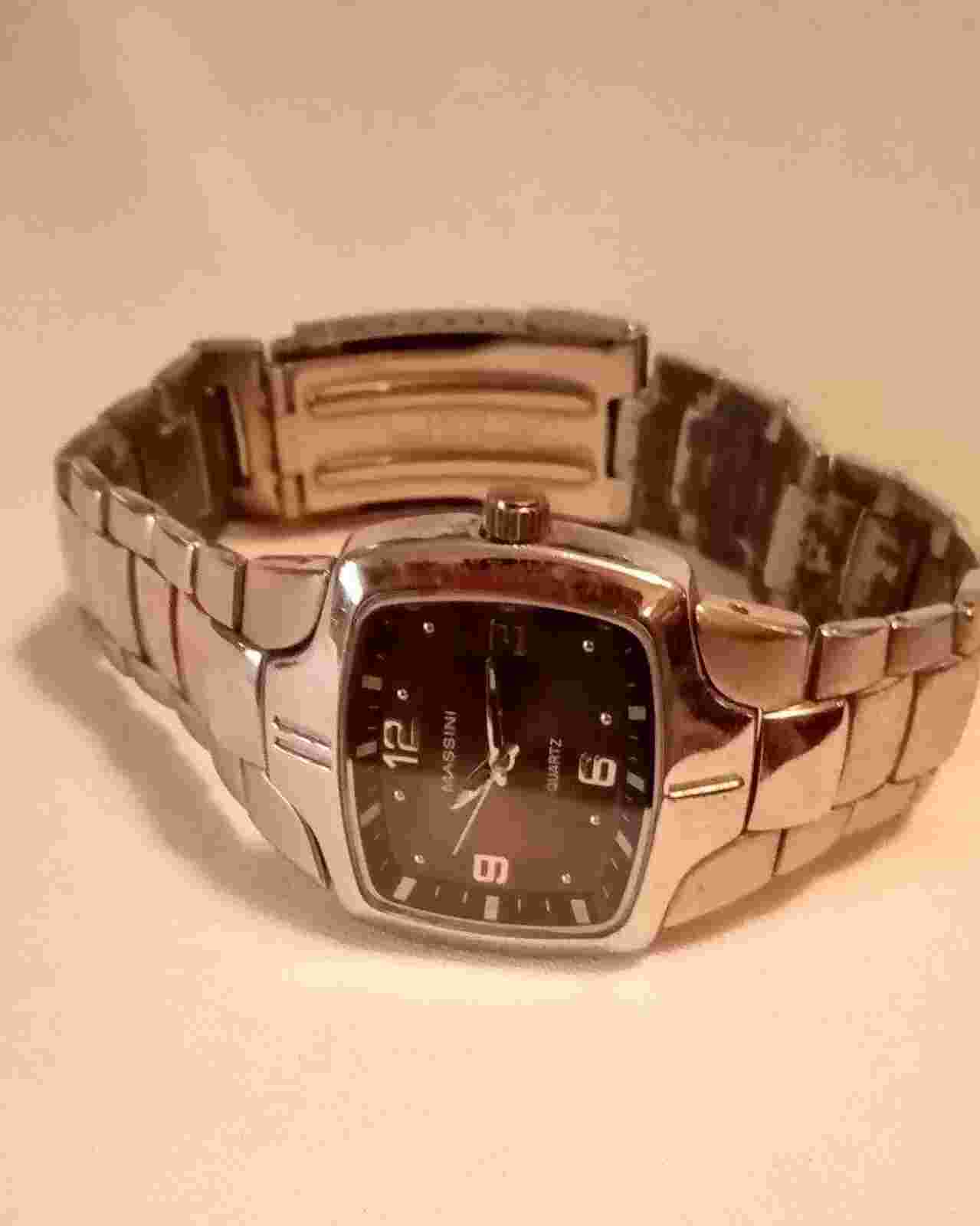 Men's Quartz Watch Massini Silver Tone 7 Inches Black Dial Vintage Need Battery