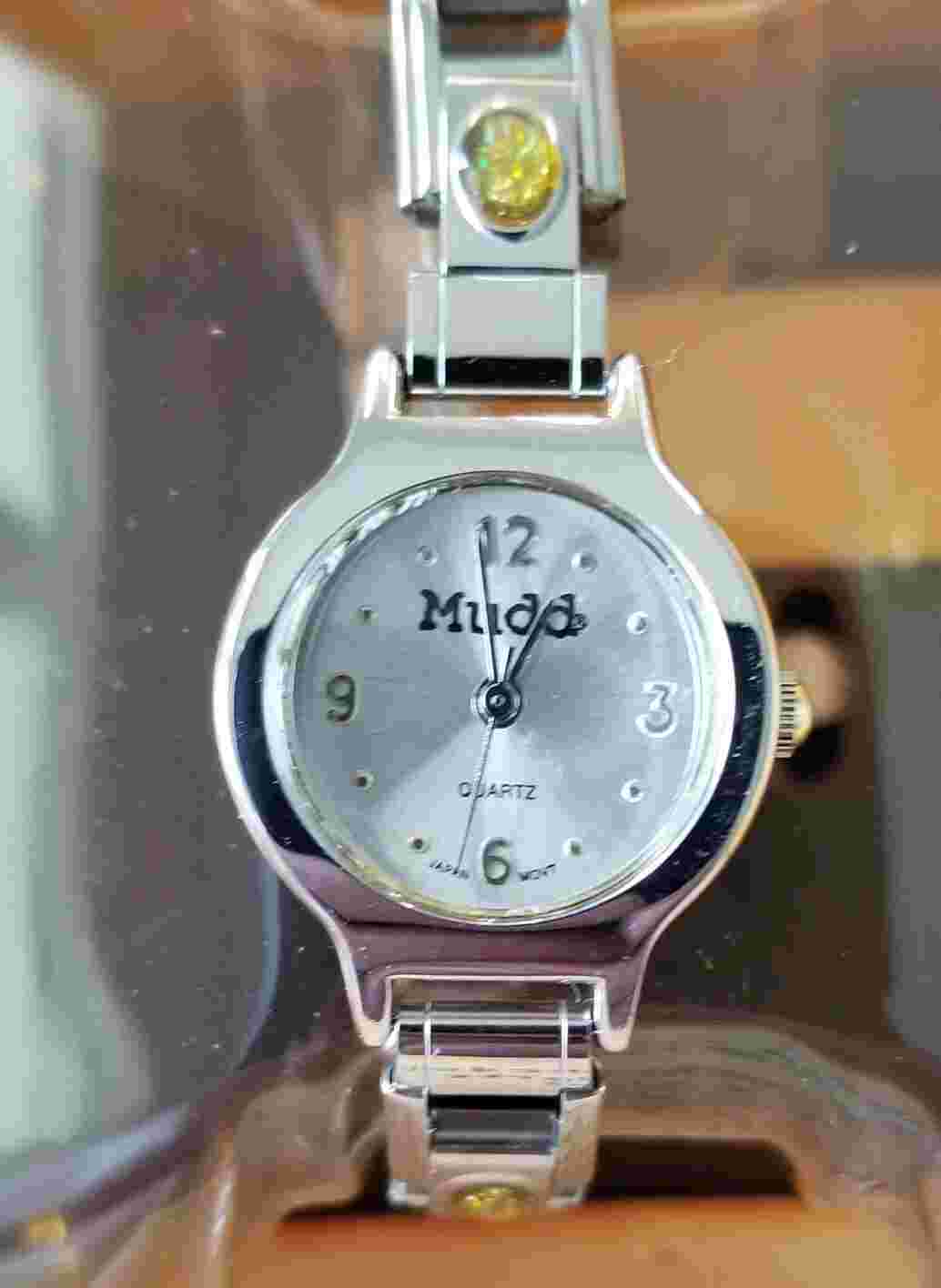 NIB Mudd Silver Tone Watch Slide Open Expansion Band w/Yellow Crystals