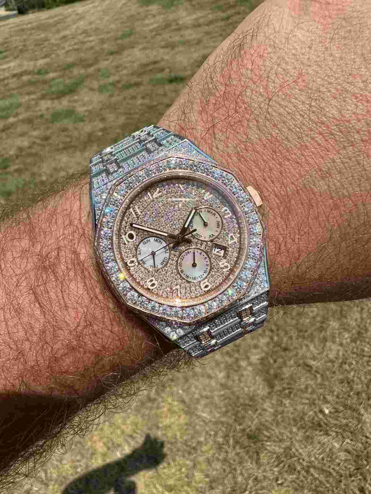 Real MOISSANITE Mens Watch 14k Rose Gold Two Tone Iced Skeleton Back Hip Hop