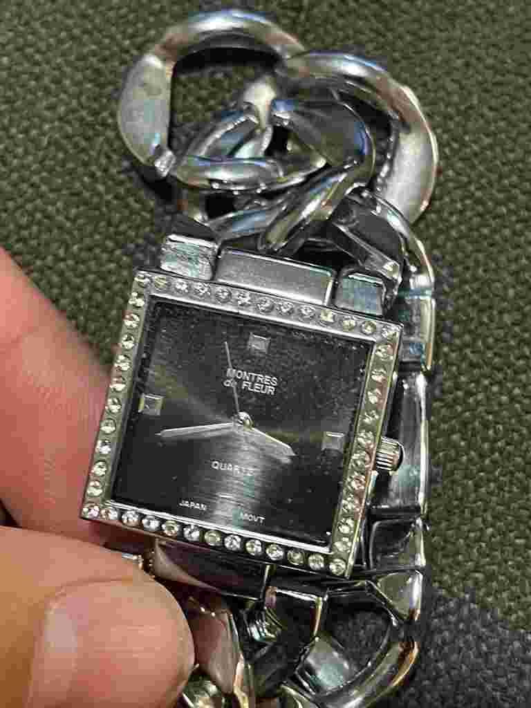 Montres de Fleur Watch Women Silver Tone Square Pave Bezel BLACK DIAL.