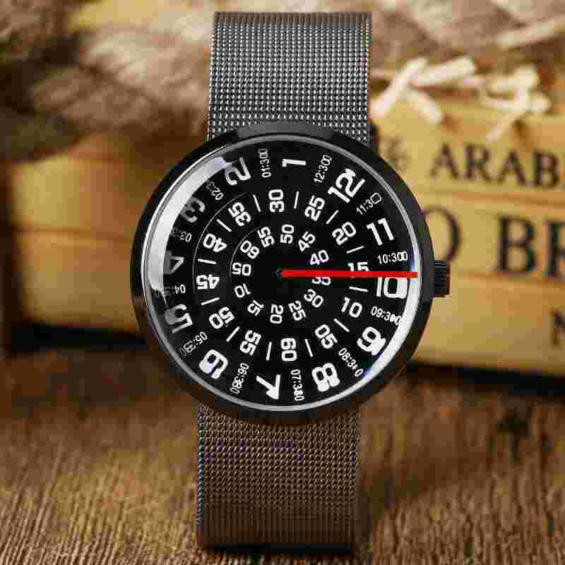 PAIDU Turntable Dial Watch Men and Women Unique Number Hour Full Steel Mesh Band