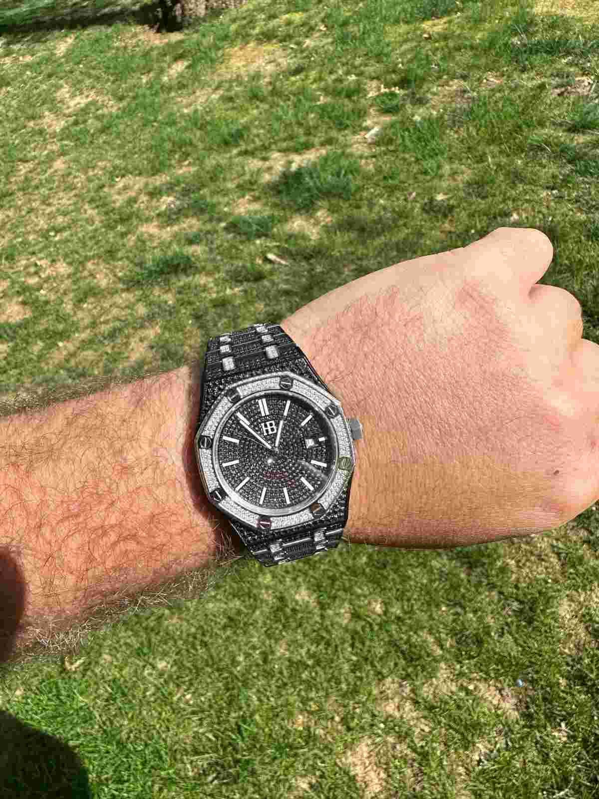 Real Black & White Panda MOISSANITE Mens Watch Iced Skeleton Back 44mm Hip Hop