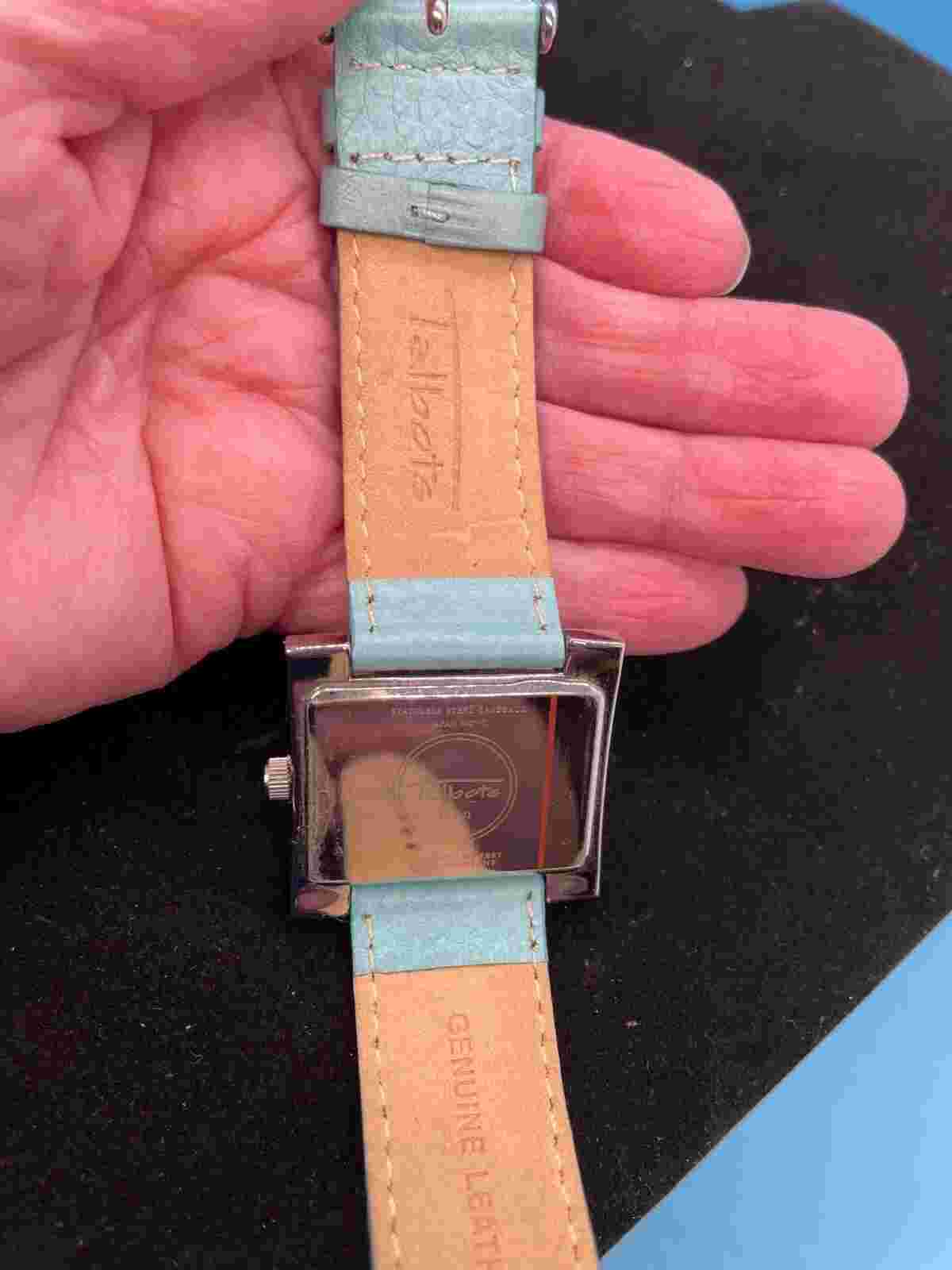 Talbots Watch Modernist Rectangular Silver Tone Dial Blue Leather Band