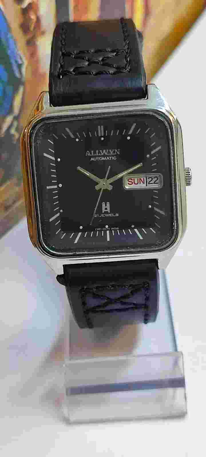ALLWYN 21 JEWELS AUTOMATIC BLACK DIAL Y381-5060 INDIA MEN'S FULL WORKING VINTAGE