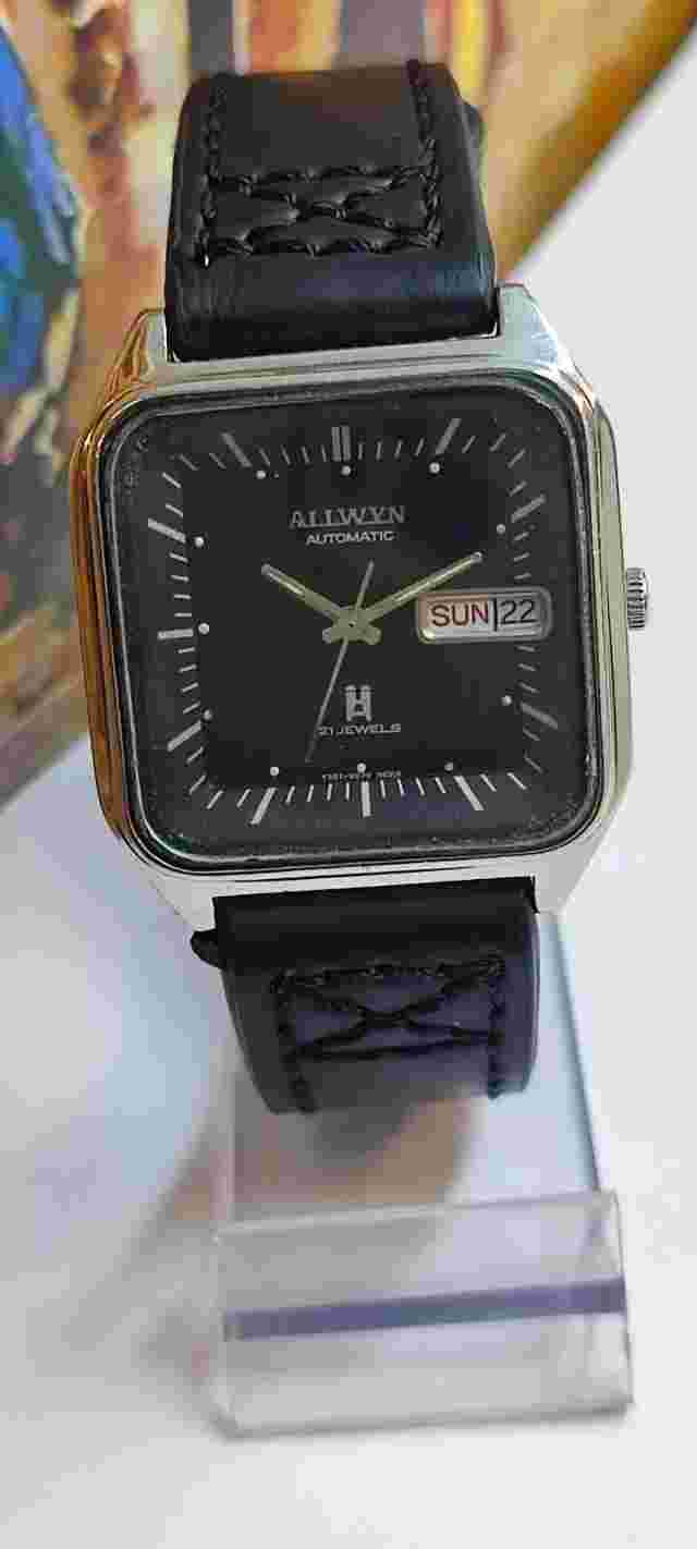 ALLWYN 21 JEWELS AUTOMATIC BLACK DIAL Y381-5060 INDIA MEN'S FULL WORKING VINTAGE