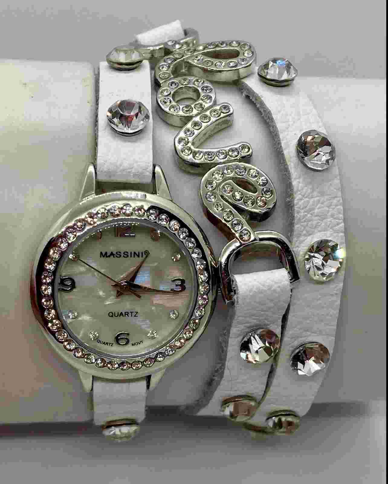 MASSINI Ladies Watch New Battery LOVE Triple Wrap Strap Lots Of Crystals Iced