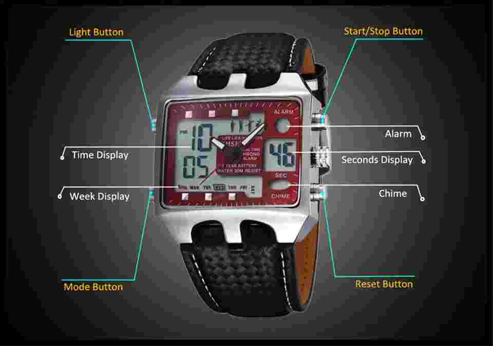 OHSEN Men Sport Digital Watches Leather Strap Analog Quartz Rectangle Wristwatch