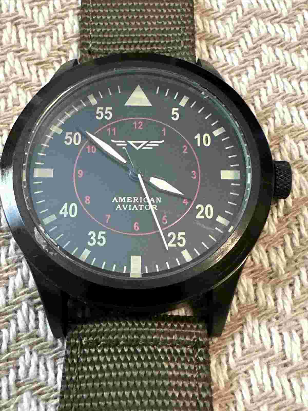 Men's AMERICAN AVIATOR 1945 Field Military Pilot Watch, Black Dial, Green Band!!