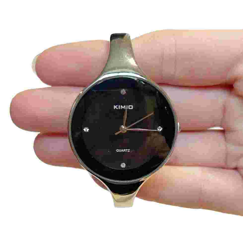Kimio Quartz Silver Tone Metal Bangle Watch Black Face Rhinestones Steel Back