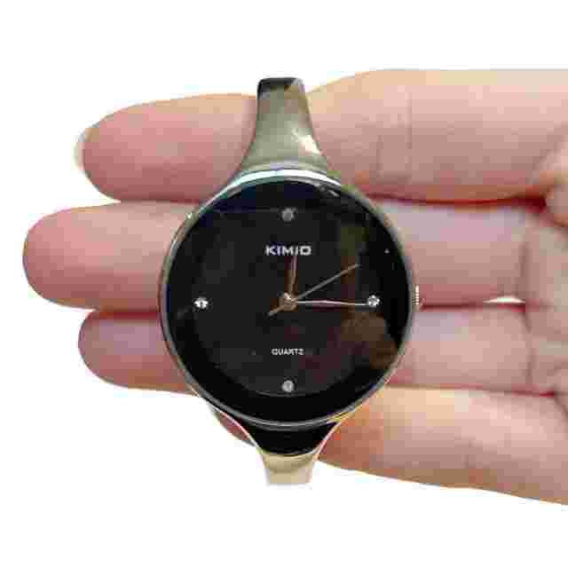 Kimio Quartz Silver Tone Metal Bangle Watch Black Face Rhinestones Steel Back