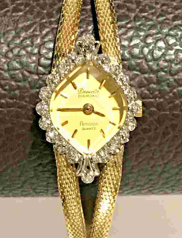 Vintage Deauville Quartz Genuine Diamonds Bezel Gold Plated Ladies Dress Watch.