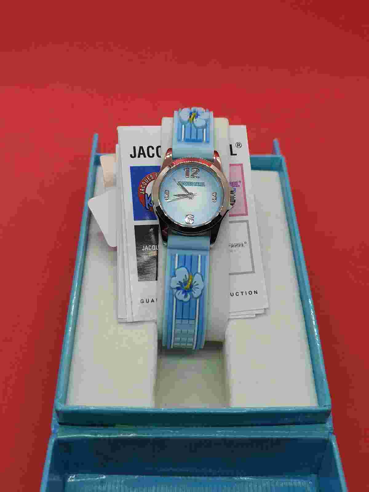 ladies/teens jacques farel silver tone watch 3atm,blue face & strap.in its box.