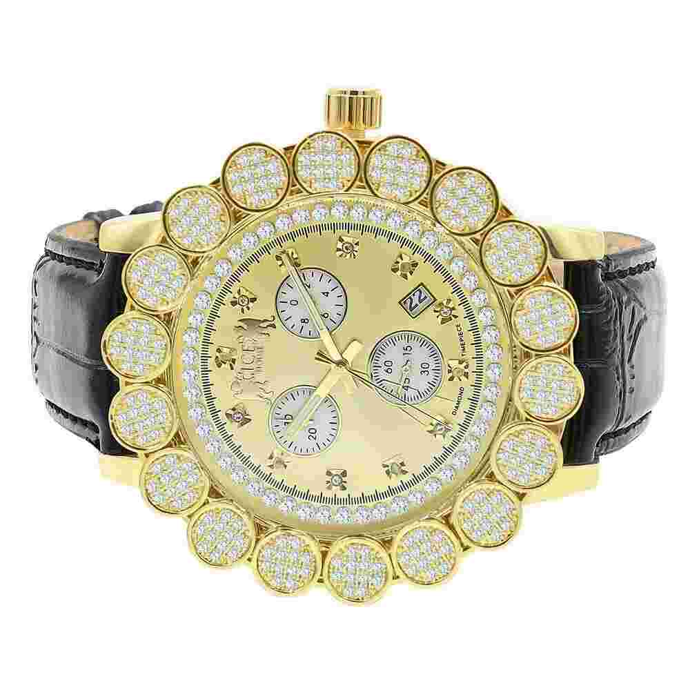 18K Yellow Gold Tone Pave Flower Cluster Bezel Real Diamond Watch  Analog W/Date