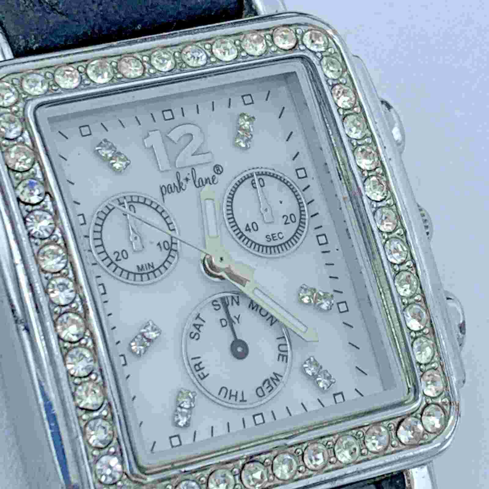Park Lane Silver Tone Gem Black Leather Chronograph Watch W/ Luminous Hands