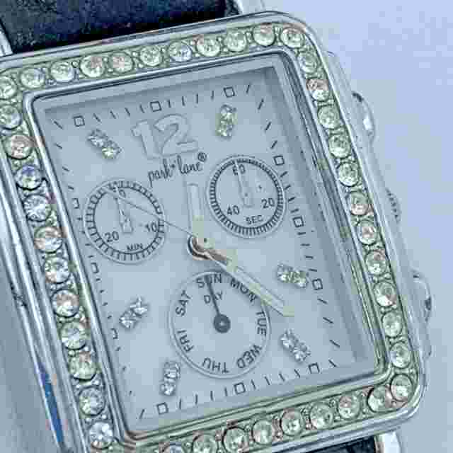 Park Lane Silver Tone Gem Black Leather Chronograph Watch W/ Luminous Hands