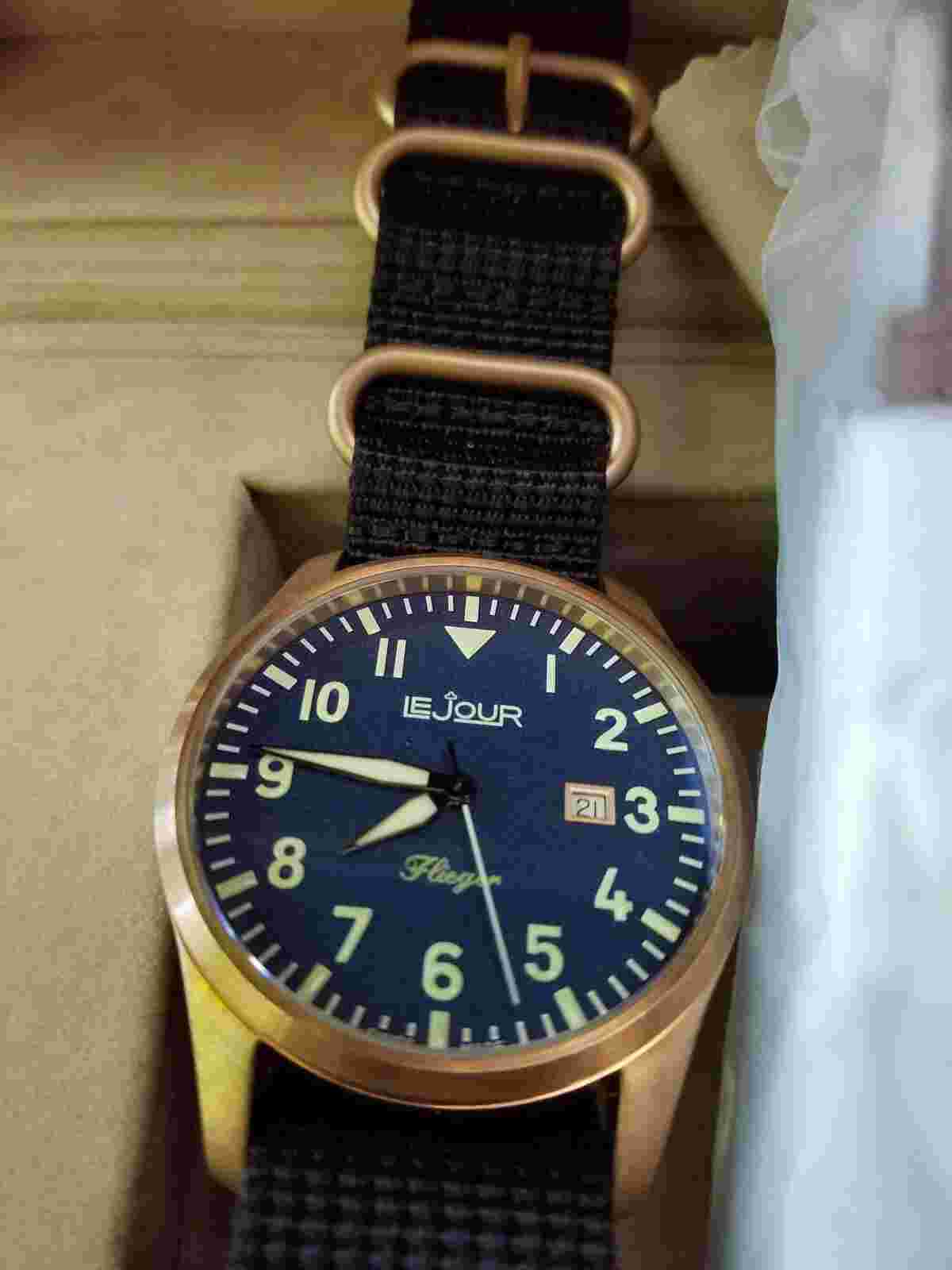LeJour Flieger CuSn Bronze automatic with blue dial, mint